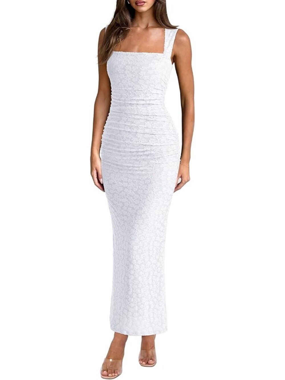 Women's Maxi Dresses Sleeveless Square Neck White Ruched Bodycon Long Dress